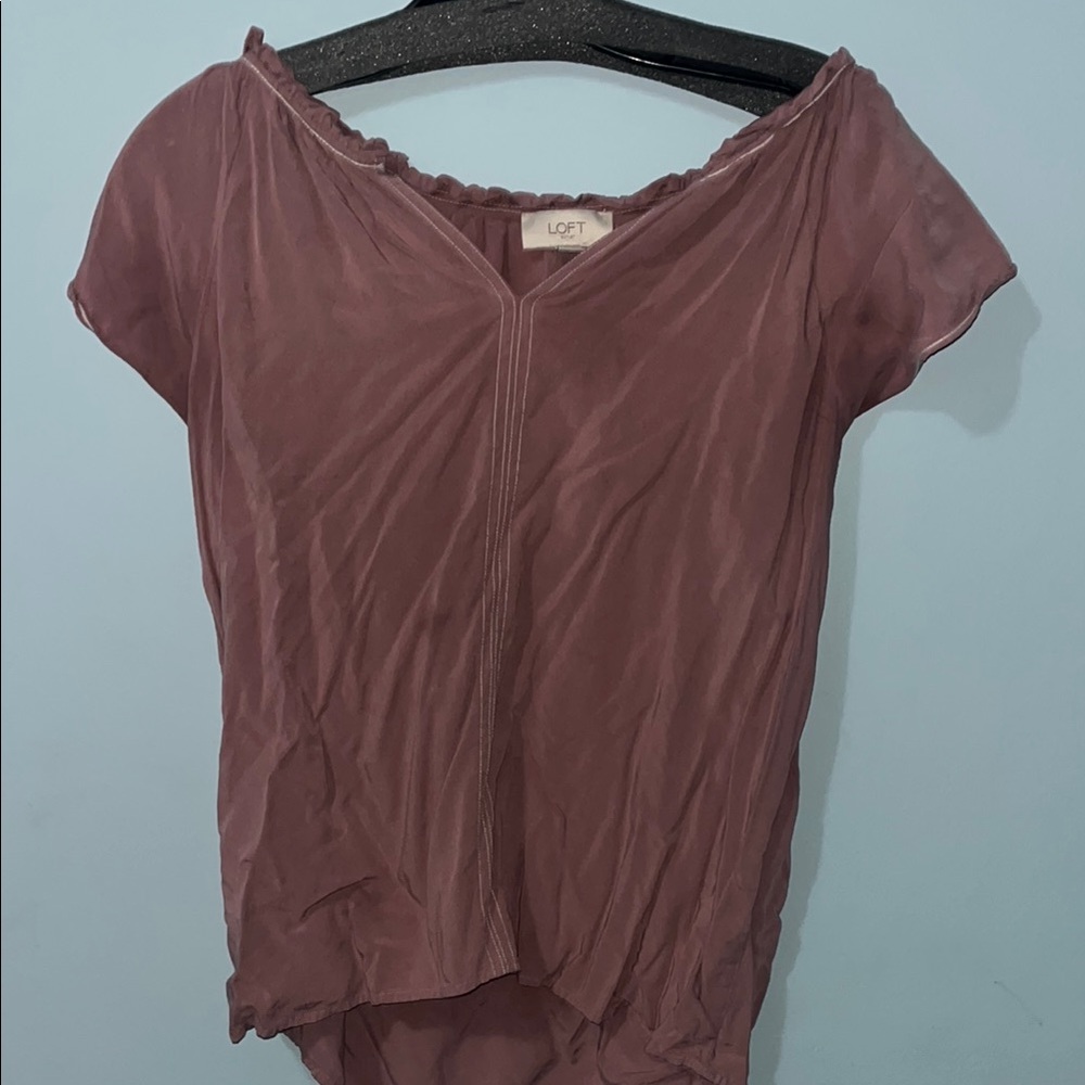 LOFT Purple Ruched Asymmetrical Blouse Cap Sleeve